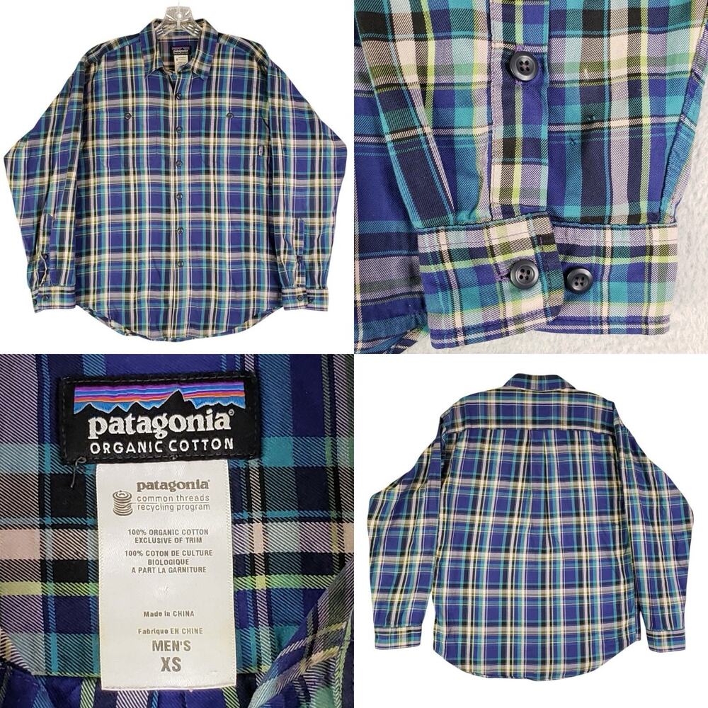 Patagonia Shirt Plaid Long Sleeve Pima Hiking Lightweight Flannel Size XS Blue